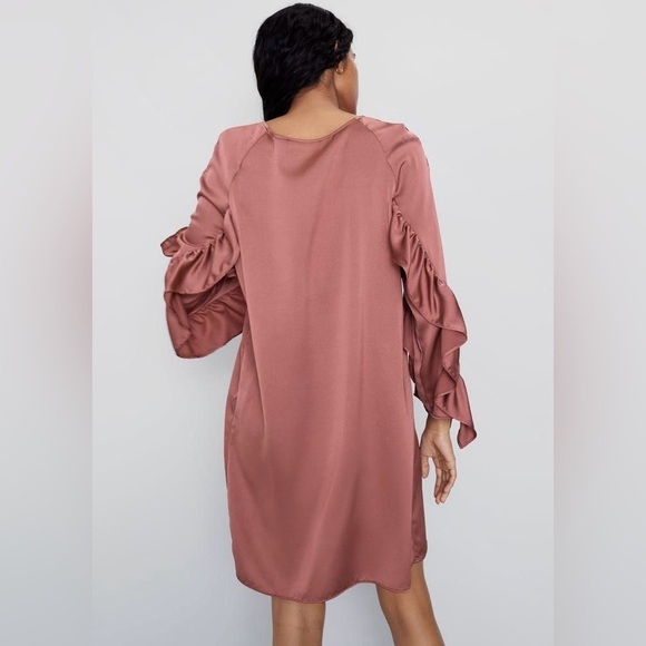 Zara| Pretty Rose Gold Ruffled Sleeve Satin Sheath Mini-Dress Sz XS - Picture 7 of 8